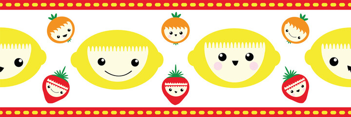 Cute kawaii tropical fruit seamless vector border. Banner of happy smiling cartoon lemons, strawberries, oranges on white backdrop with stitch stripe edging. Fun design for kids healthy food concept