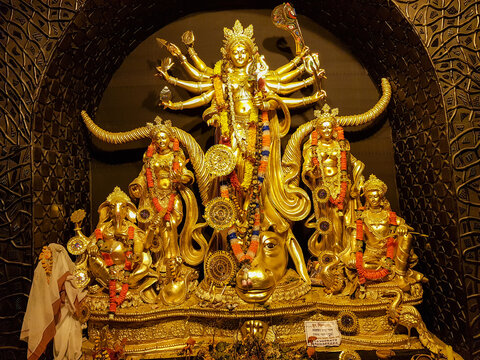 October 2018,Kolkata,West Bengal, India.Godess Durga idol in a Pandal.Durga Puja is the most important worldwide hindu festival for Bengali community