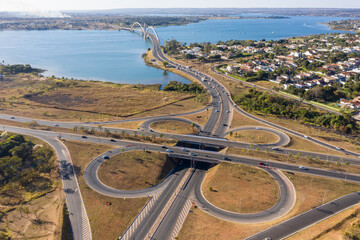 Aerial view of Brasilia's JK bridge and its South Lake neighborhood.
