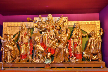 October 2018,Kolkata,West Bengal, India.Godess Durga idol in a Pandal.Durga Puja is the most...