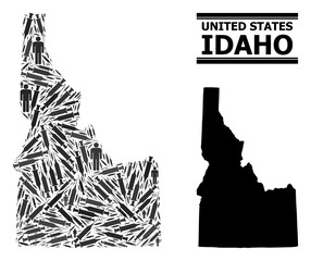 Virus therapy mosaic and solid map of Idaho State. Vector map of Idaho State is formed from vaccine doses and men figures. Abstraction is useful for outbreak alerts. Final win over coronavirus.