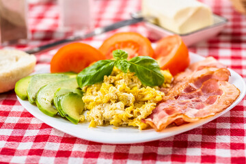 bacon and eggs with avocado and tomato, bread and coffee