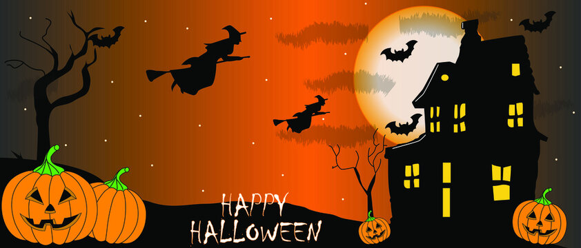 Tarjeta de felicitaci&oacute;n para halloween, casa aterradora rodeada de murci&eacute;lagos, dos brujas volando en sus escobas y calabazas malvadas en medio del campo oscuro y espeluznante
