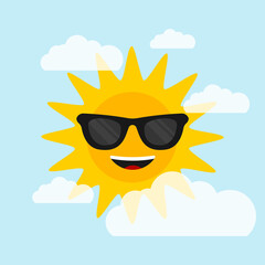 Sun with sunglasses on blue background with clouds. Flat style. Vector illustration