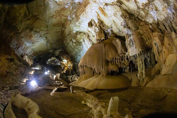 Cave stalactites, stalagmites, and other formations at Marble cave, Crimea
