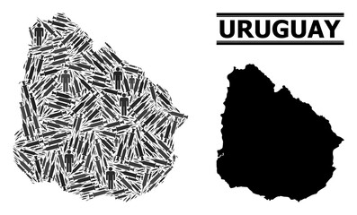 Virus therapy mosaic and solid map of Uruguay. Vector map of Uruguay is created from syringes and men figures. Collage is useful for medical templates. Final win over Covid-2019.