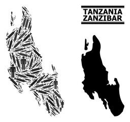 Fototapeta premium Covid-2019 Treatment mosaic and solid map of Zanzibar Island. Vector map of Zanzibar Island is designed of syringes and human figures. Abstraction designed for medical alerts.