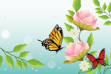 floral background with butterflies and flowers scene