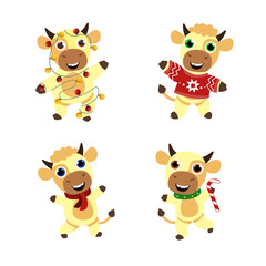 Chinese new year symbol. Set of different happy cute bulls. Happy new year. 2021 year.