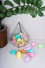 Colored cubes of various shapes. Baby maracas.