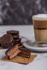 Coffee with milk and Dulce de Leche cones with sweet chocolate cones