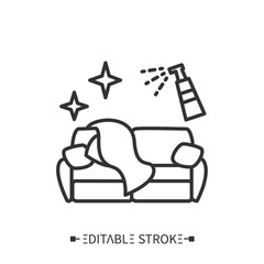 Couch disinfection line icon. Sanitizing soft home furniture. Cleaning home items. Safety space and preventive measures. Preventing virus spread concept. Isolated vector illustration. Editable stroke