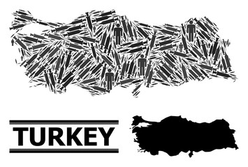 Inoculation mosaic and solid map of Turkey. Vector map of Turkey is shaped with inoculation icons and people figures. Illustration is useful for treatment ads. Final win over asian flu.