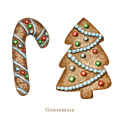 Christmas tree gingerbread cookies set, winter holiday sweet food. Watercolor illustration isolated on white background. Xmas gift and tree decorations. Greeting card design concept