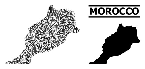 Vaccine mosaic and solid map of Morocco. Vector map of Morocco is done of vaccine symbols and human figures. Collage designed for lockdown ads. Final win over Covid-2019.