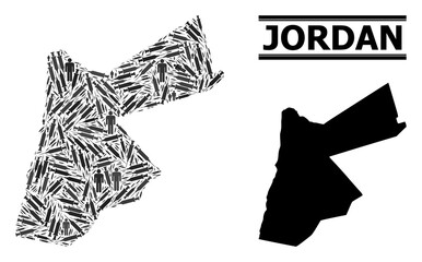 Covid-2019 Treatment mosaic and solid map of Jordan. Vector map of Jordan is organized with vaccine symbols and men figures. Abstraction for medical alerts. Final win over Covid-2019.