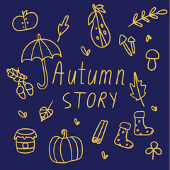 autumn doodle on a dark blue background. shoes, umbrella, mushroom and pear in vector