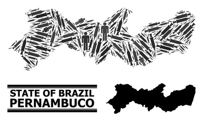 Covid-2019 Treatment mosaic and solid map of Pernambuco State. Vector map of Pernambuco State is made from syringes and men figures. Illustration is useful for health care posters.