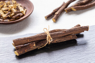 Licorice medicinal plant root, on white background