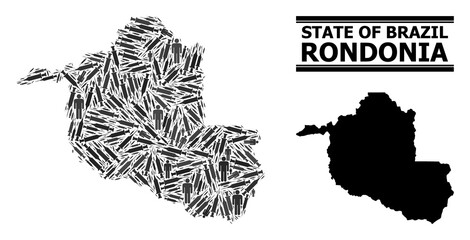 Vaccine mosaic and solid map of Rondonia State. Vector map of Rondonia State is made of vaccine symbols and human figures. Template is useful for outbreak ads. Final win over coronavirus.