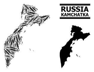 Vaccine mosaic and solid map of Kamchatka Peninsula. Vector map of Kamchatka Peninsula is created with vaccine symbols and human figures. Illustration is useful for quarantine templates.