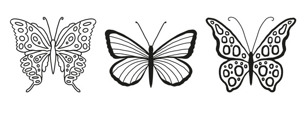 Set of silhouettes of butterflies isolated on white background in vector format.Separate objects for logo, design, illustration for easy and graceful design. Freedom. Insect with beautiful wings