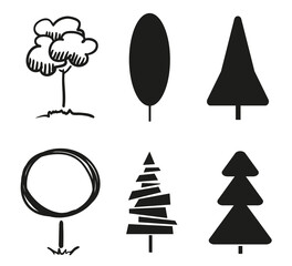 Black trees on isolated background. Christmas trees on white. Geometric art. Objects for design. Black and white illustration