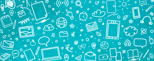 Abstract blackboard. Back to school. Colored chalkboard with hand drawn school supplies. Symbols are drawn in a linear style