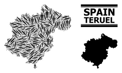 Vaccine mosaic and solid map of Teruel Province. Vector map of Teruel Province is made from vaccine symbols and people figures. Abstraction is useful for health care ads. Final win over coronavirus.