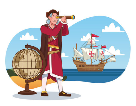 Columbus day celebration scene of christopher using telescope and caravel scene