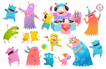Kids monsters DJ party festival, playing vinyl, dancing creatures clipart collection for children. Funny monsters characters at the discotheque. Vector cartoon illustration for kids isolated clip art. © Popmarleo