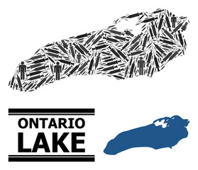 Vaccine mosaic and solid map of Ontario Lake. Vector map of Ontario Lake is designed of vaccine symbols and men figures. Template for medical purposes. Final win over Covid-2019.