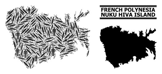 Covid-2019 Treatment mosaic and solid map of Nuku Hiva Island. Vector map of Nuku Hiva Island is made from syringes and men figures. Template for political templates. Final win over Covid-2019.