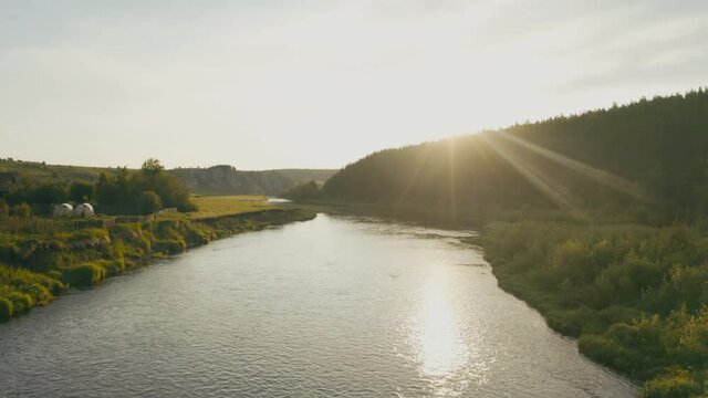 Aerial view of the river with smooth water and forest on the banks