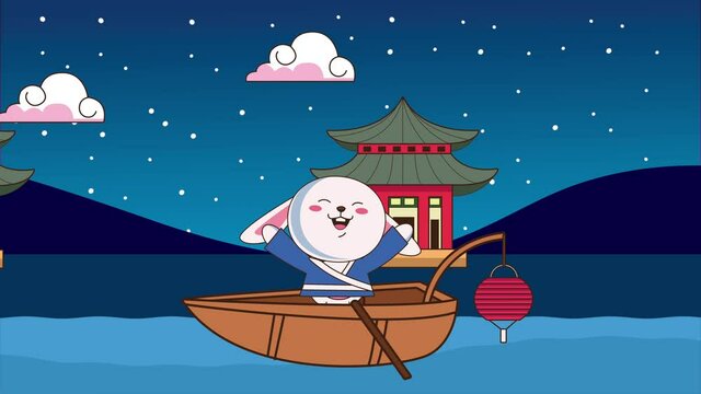 mid autumn festival animation with rabbit in boat and building