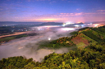 The sea of fog at sunrise Can see the Laos side of the Mekong River In Nong Khai province, Thailan
