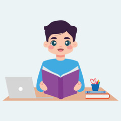 Boy studying in home. Home education - Vector