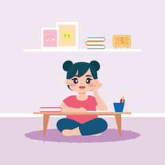 Girl studying in home. Home education - Vector