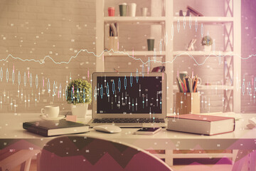 Double exposure of financial graph drawing and office interior background. Concept of stock market.