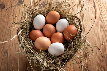 Raw eggs in a wicker basket
