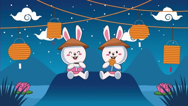 mid autumn festival animation with rabbits drinking tea and eating cookies in lake