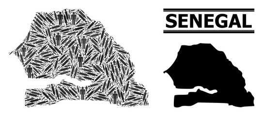 Covid-2019 Treatment mosaic and solid map of Senegal. Vector map of Senegal is done with vaccine doses and people figures. Illustration designed for health care posters. Final win over Covid-2019.