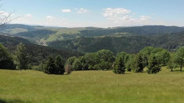 Flying over mountain Nad Skalnou. Lubovnianska vrchovina mountains, Slovakia.