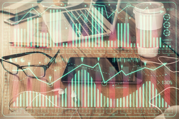Double exposure of financial graph drawing and cell phone background. Concept of forex trading