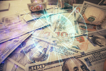 Multi exposure of business theme drawing over us dollars bill background. Concept of financial success.