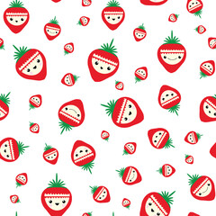 Cute kawaii strawberry seamless vector pattern background. Happy smiling and laughing berry cartoon faces on white backdrop. Fun quirky illustration.All over print for kids summer healthy food concept