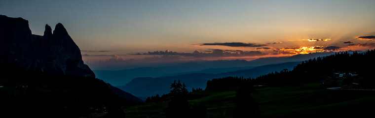 Sunset on the Alpe di Siusi with the Sciliar in the background, South Tyrol.