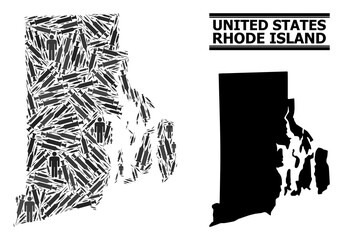 Vaccine mosaic and solid map of Rhode Island State. Vector map of Rhode Island State is created from injection needles and men figures. Collage is useful for epidemic posters.