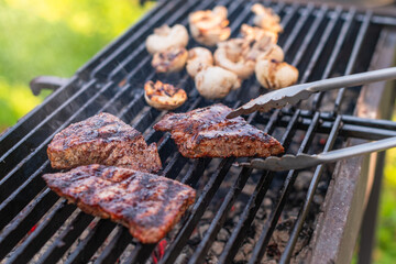 Juicy pieces of meat and champignons are fried on a BBQ grill