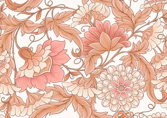 Fotobehang Fantasy flowers and birds in retro, vintage folk style seamless pattern in soft terracotta colors. Vector illustration. © Elen  Lane